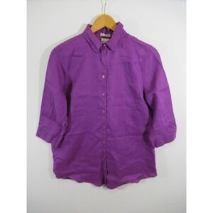 Chico's Linen Tunic Women Size Small 4/6 Purple 3/4 Sleeve Button Up